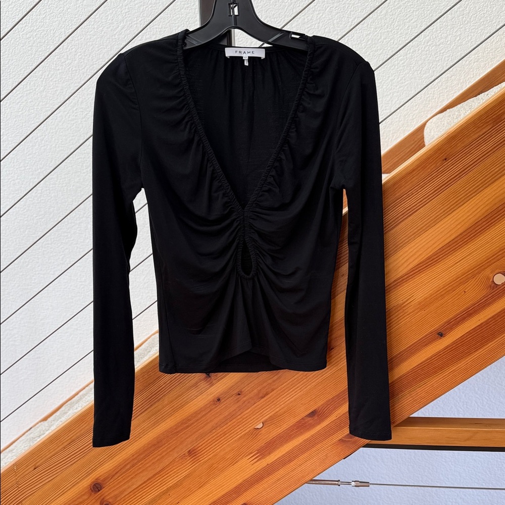 Frame Black Ruched V-Neck Keyhole Blouse Sz S